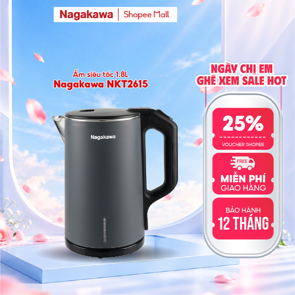 Ấm Siêu Tốc 1.6L Nagakawa NKT2615 – 1500W Đun Nhanh, 2 Lớp Chống Bỏng, Tự Ngắt An Toàn, Xoay 360°, Bảo hành 12 tháng