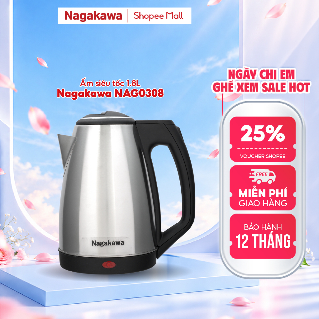 Ấm Siêu Tốc NAGAKAWA NAG0308 1.8l (1.8 Lít)  Bảo Hành 12 Tháng