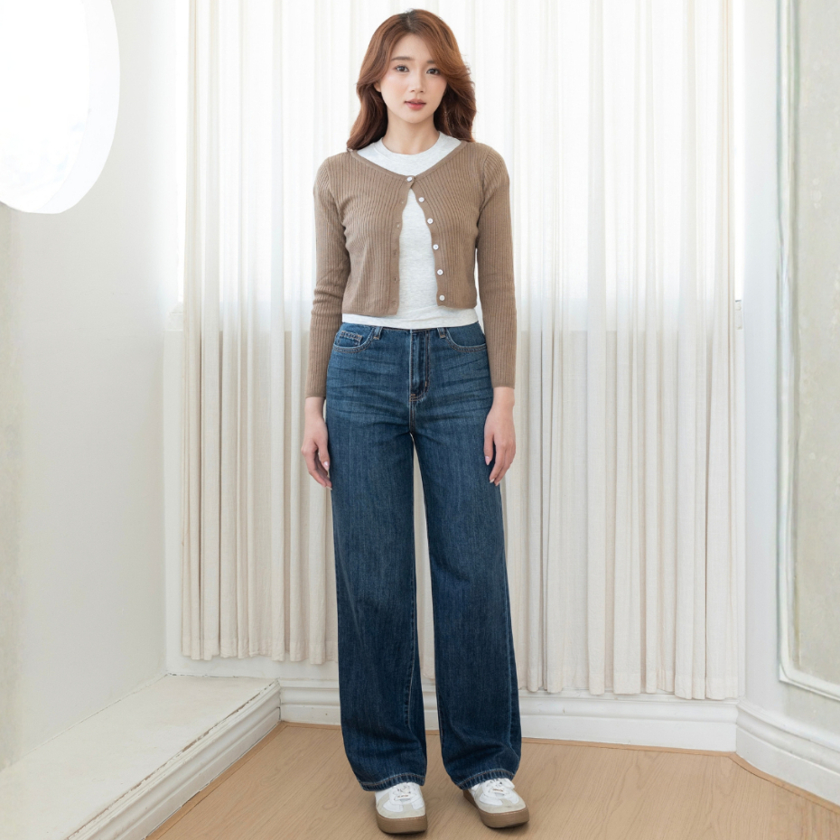 Quần Jean Ống Rộng Denim Không Co Giãn , Lưng Cao Ống Rộng Vừa, Màu Xanh Đậm Wash Tôn Dáng - LD-03