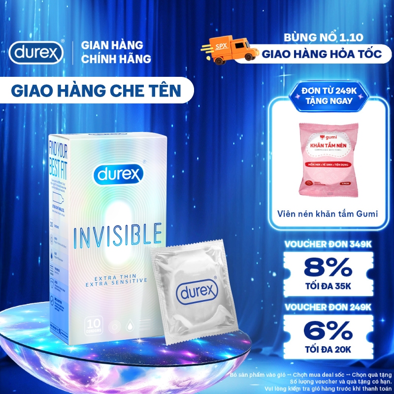 Bao cao su Durex Invisible siêu mỏng size 52mm, hộp 10 bao
