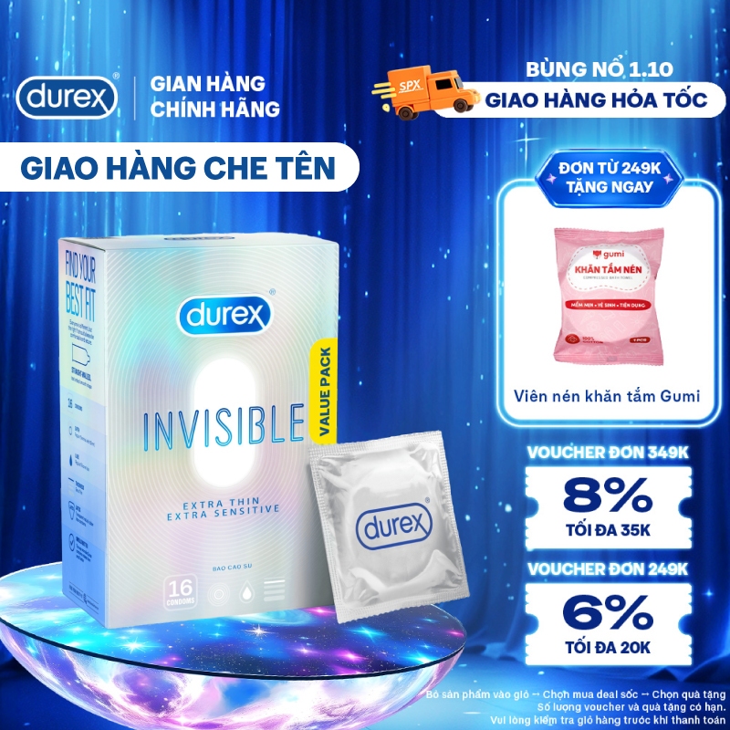 Bao Cao Su Durex Invisible Siêu Mỏng, Size 52 mm, Hộp 16 Bao Mới Ra Mắt - Hộp Lớn Siêu Tiết Kiệm