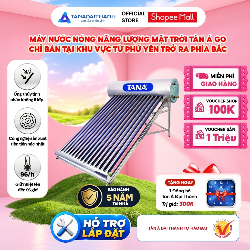 [GIAO LẮP MIỀN BẮC] Máy nước nóng Năng lượng mặt trời Tân Á GO 140L-300L - Chính hãng, BH 5 năm