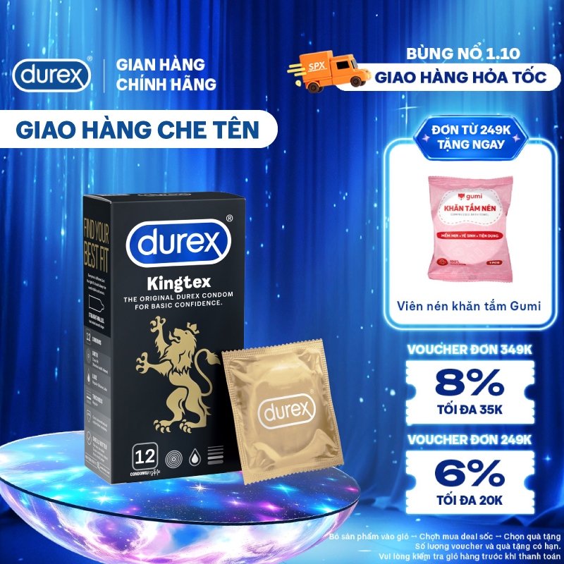 Bao cao su Durex Kingtex ôm sát, bôi trơn, size 49mm, hộp 12 bao