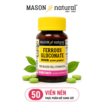 Viên Sắt Hữu Cơ Mason Natural Ferrous Gluconate 27mg 50/100 Viên, Hỗ Trợ Bổ Sung Sắt & Giảm Nguy Cơ Thiếu Máu
