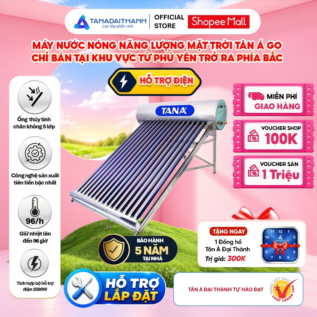 [MIỀN BẮC, CÓ TRỢ ĐIỆN] Máy nước nóng Năng lượng mặt trời Tân Á GO 140L-300L - Chính hãng, BH 5 năm