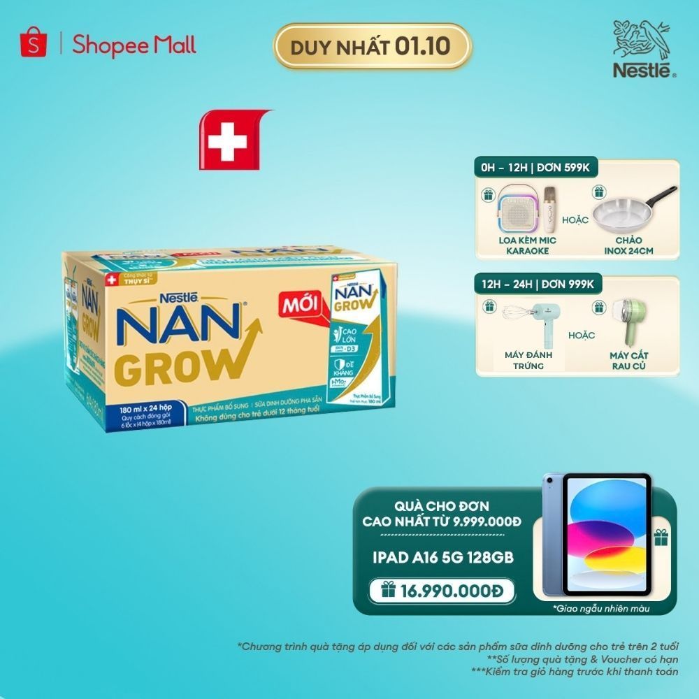 Sữa Pha Sẵn Nestlé NANGROW Cho Trẻ Từ 1 Tuổi, Công Thức Thụy Sĩ Giúp Bé Cao Lớn Vượt Trội, Thùng (24 Hộp x 180ml)