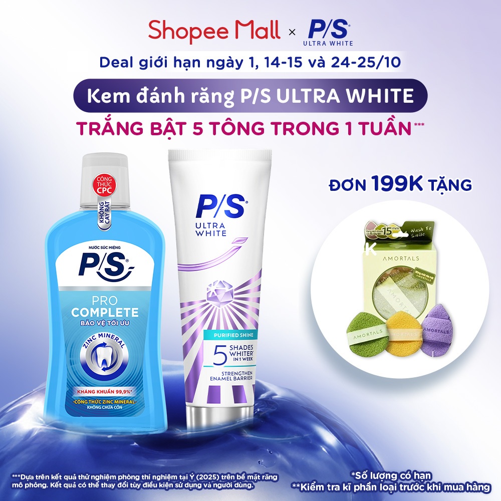 [MỚI] Kem đánh răng P/S Ultra White Trắng Bật 5 Tông 100g + Nước Súc Miệng P/S Kháng Khuẩn 500ml | BigBuy360 - bigbuy360.vn