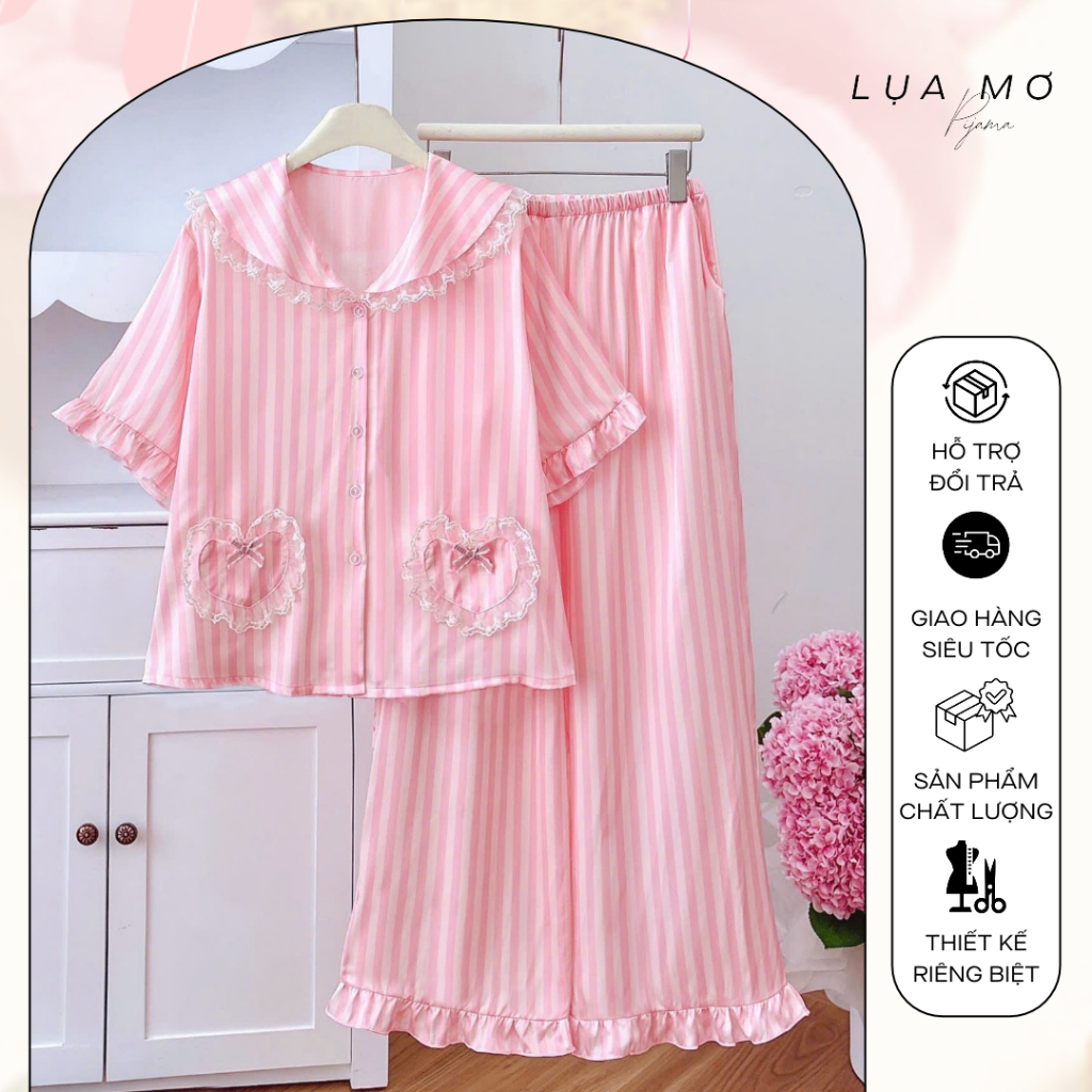 Pijama Tiểu Thư Tay Ngắn Hai Túi Tim Tặng Cột Tóc Vải Lụa Latin Cao Cấp - Đồ bộ Lụa Mơ LM256