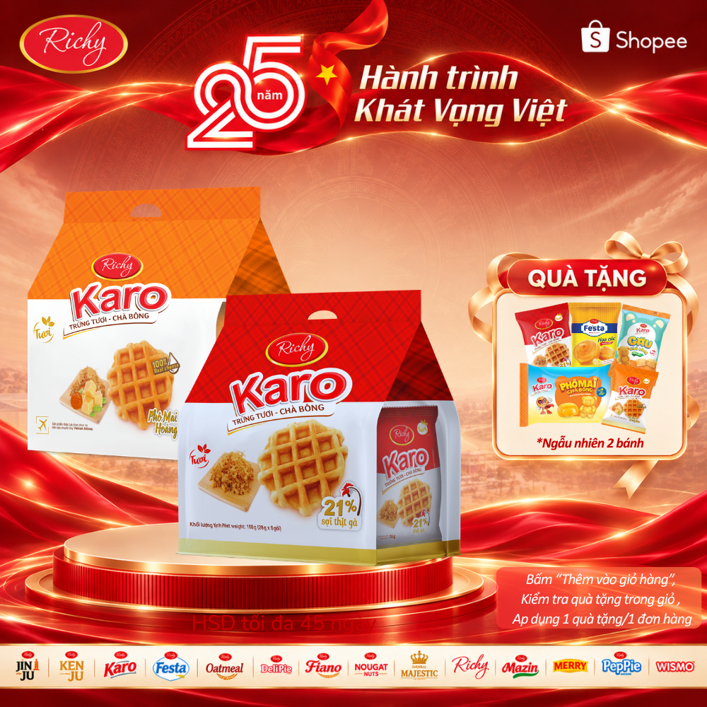 [HOẢ TỐC HN] [Tặng Bánh Lẻ] Combo 2 Bịch Bánh Richy Karo Hoàng Kim Phô Mai, Sợi Gà Truyền Thống & Trứng Sữa