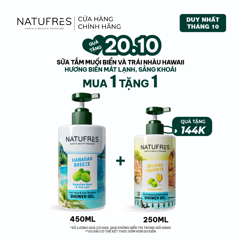 Sữa Tắm Ngừa Mụn, Hương Biển Mát Lạnh Natufres Hawaiian Breeze Chiết Xuất Muối Biển & Trái Nhàu Hawaii – 250ml / 450ml