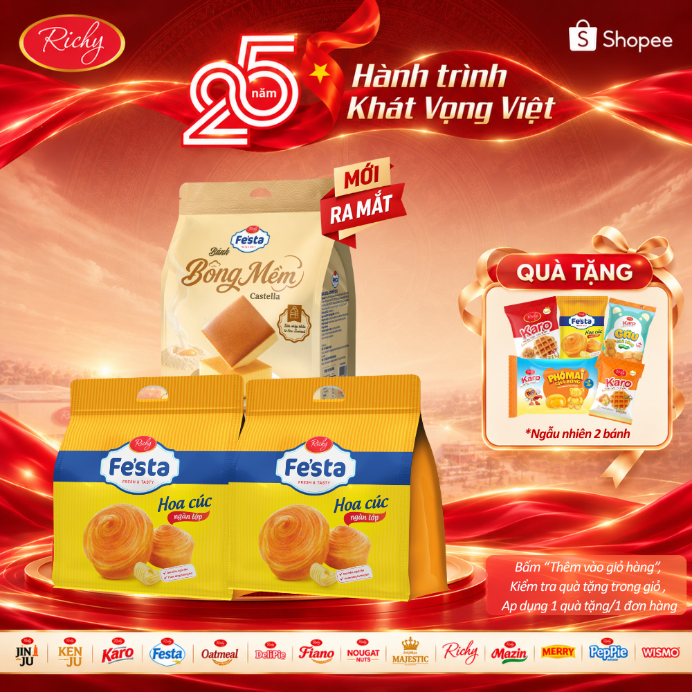 [HỎA TỐC HN] [Tặng Bánh Lẻ] Combo 3 túi bánh mì hoa cúc ngàn lớp Festa Richy & Bánh Bông Mềm Castella[3 bánh/túi]