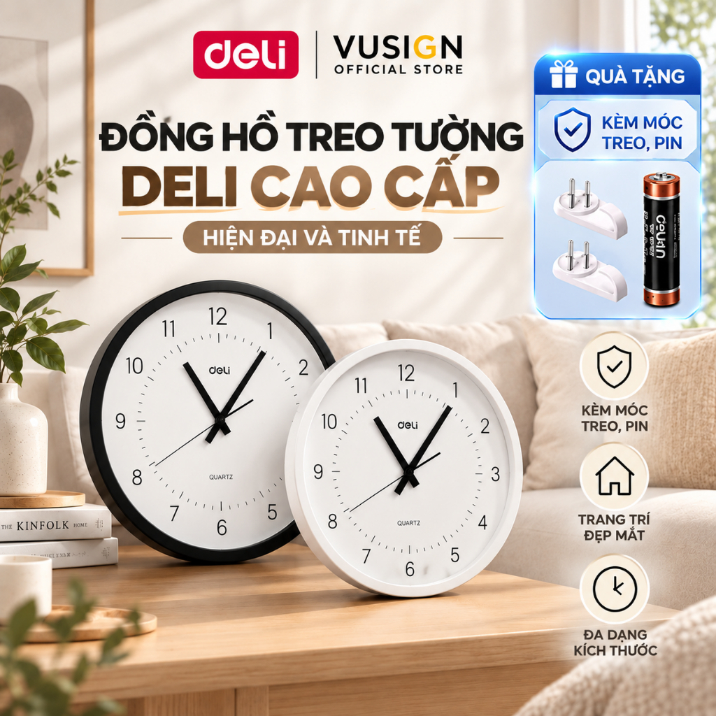 Đồng hồ treo tường kim trôi Deli không ồn phong cách tối giản minimalism trang trí decor phòng khách