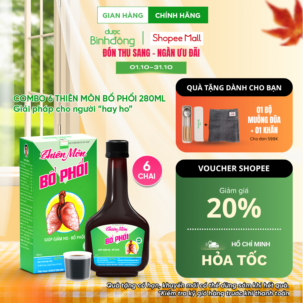 Combo 6 chai Thiên Môn Bổ Phổi Dược Bình Đông - Bổ phổi, hỗ trợ giảm ho từ thảo dược chai 280ml