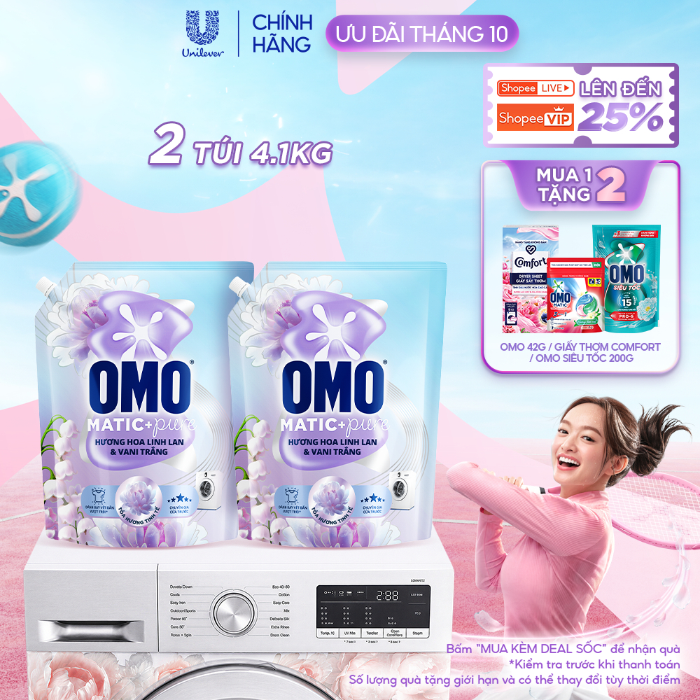 Combo 2 Nước giặt OMO Matic Pure Cửa Trước Hương Linh Lan & Vani Trắng 4.1KG (túi)