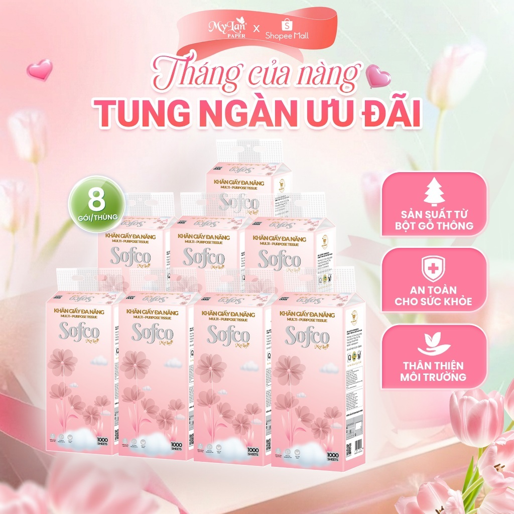 Giấy Rút Treo Tường 4 Lớp Sofco Cao Cấp Thấm Hút Tốt 1000 Tờ/Bịch Tặng 3 Móc Treo (Thùng 8 - 10 Bịch)