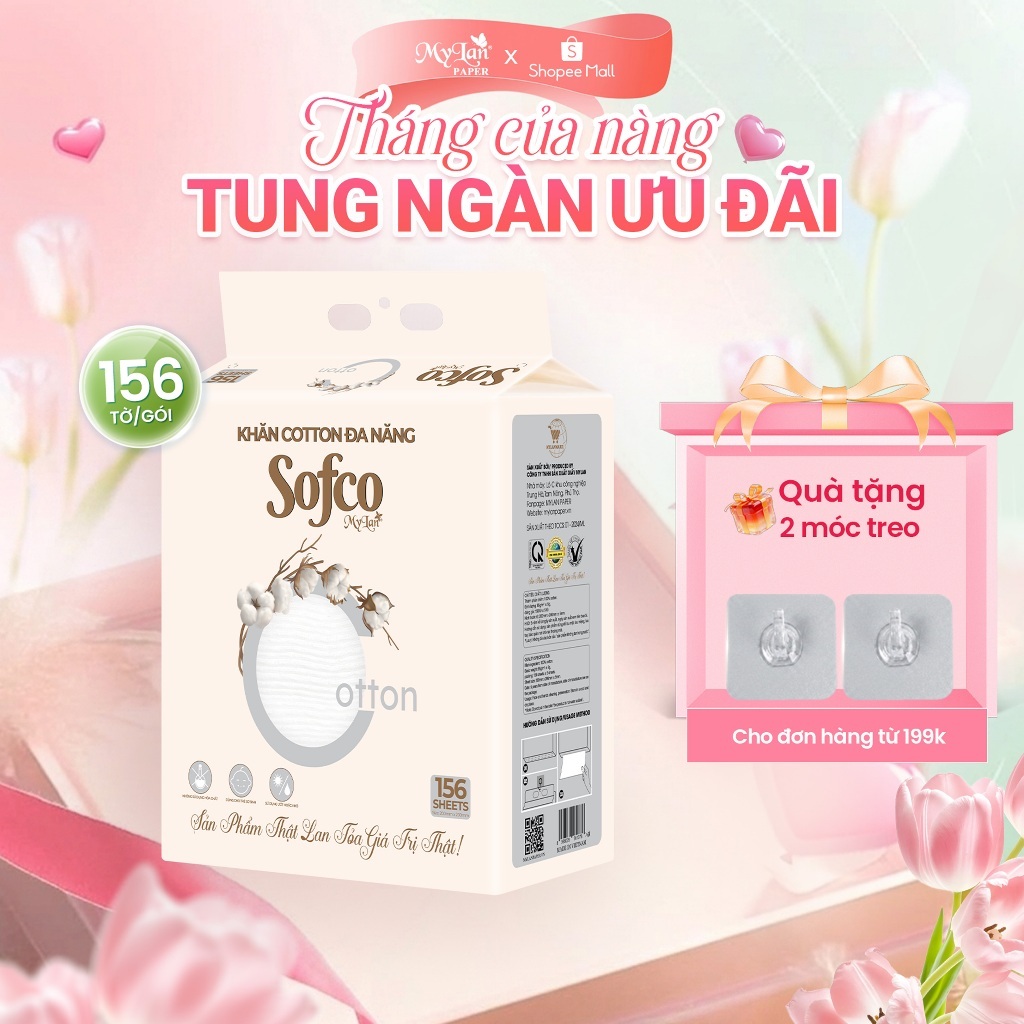 Khăn Cotton SOFCO Rút Đáy Mềm Mịn Đa Năng 4 Lớp Siêu Dai Kháng Khuẩn An Toàn Cho Da Dùng Như Khăn Tẩy Trang (156 Tờ)