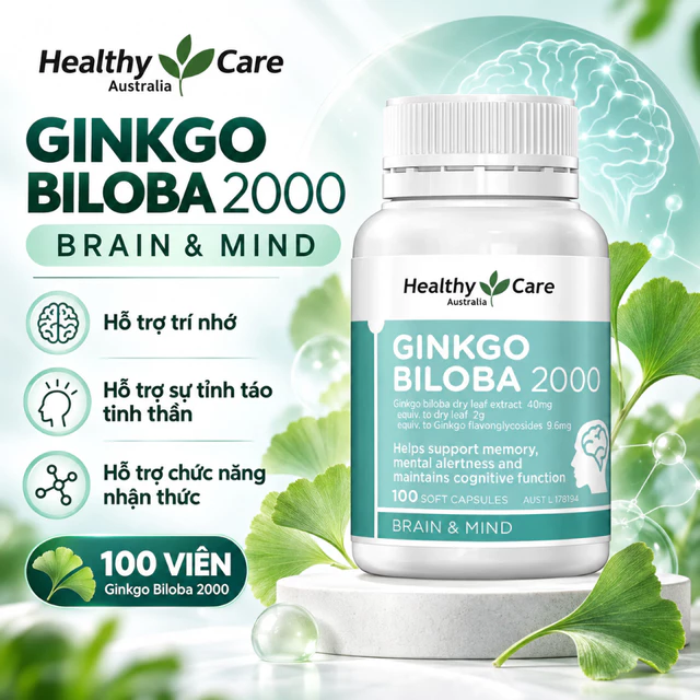 Bổ Não Healthy Care Ginkgo Biloba 2000mg 100 Viên – Hỗ Trợ Tuần Hoàn Máu, Tăng Cường Sức Khỏe Não Bộ