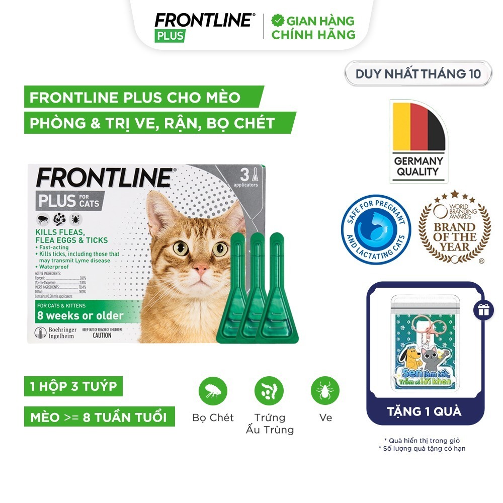 Frontline Plus - Tuýp nhỏ gáy phòng ve, rận, bọ (trứng, ấu trùng, con trưởng thành) cho mèo - 1 hộp 3 tuýp