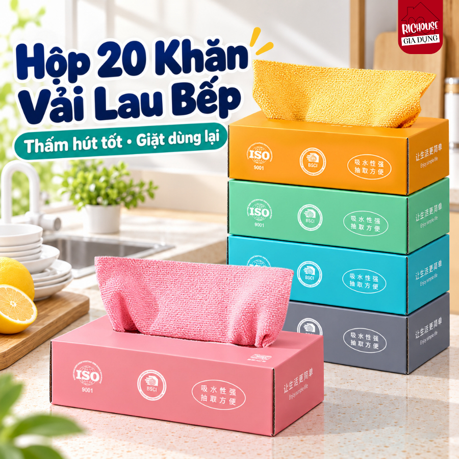 Hộp 20 Khăn Lau Đa Năng, Khăn Lau Bảng, Khăn Vải Lau Bếp, Lau Bát Đĩa Tái Sử Dụng Siêu Thấm Hút