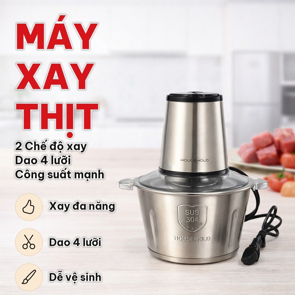 Máy Xay Thịt 2L Cối Inox 304, Công Suất 300W, Cối Xay Đa Năng 4 Lưỡi Dao, 2 Chế Độ Tiện Lợi Cho Gia Đình