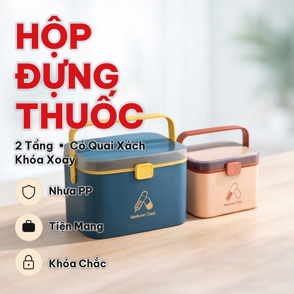 Hộp Đựng Thuốc Y Tế Gia Đình 2 Tầng, Tủ Thuốc Có Quai Xách Khóa Xoay, Nhựa PP Cứng Cáp, Tiện Lợi Mang Theo