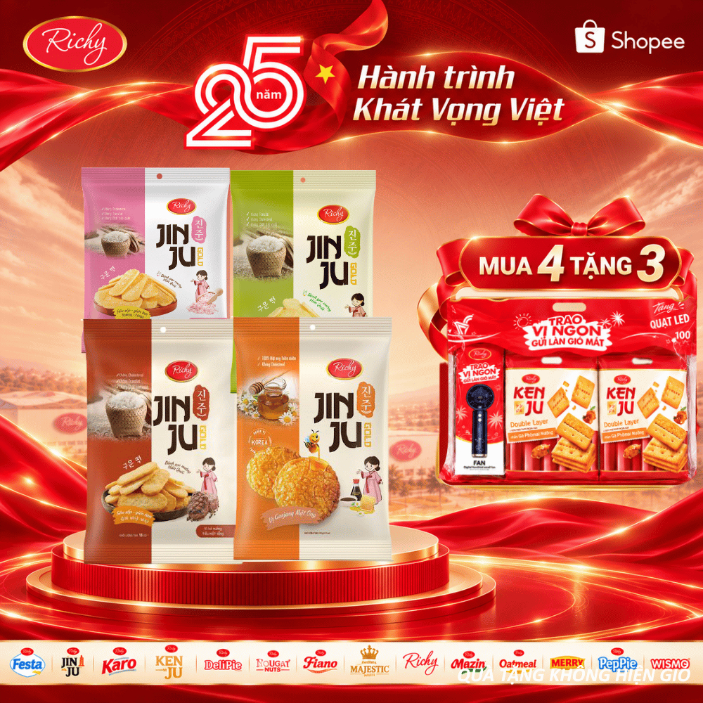[MUA 4 TẶNG 3, Mua 3 Tặng 1] Combo 3-4 Gói Bánh Gạo Richy Jinju Các Vị: Mật Ong, Muối Hồng, Cốm Sữa, Bò Tiêu, Hàn Quốc