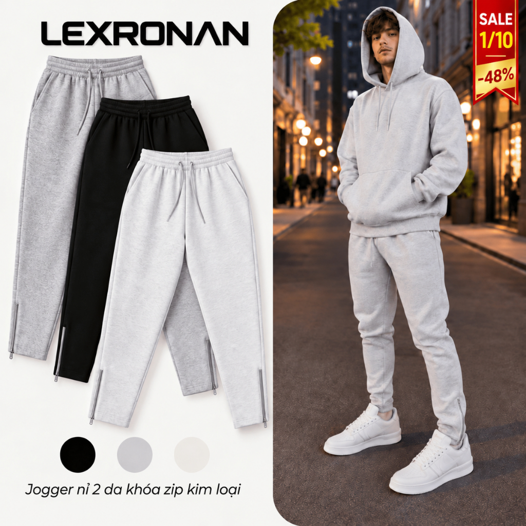 [SALE 1/10] Quần Jogger Nam Khóa Zip LEXRONAN Nỉ 2 Da Quần Thể Thao Nam Co Giãn Form Bó Fit Basic #JGR01