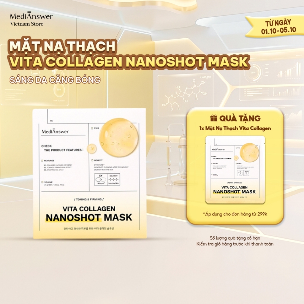 Mặt Nạ Thạch Collagen Nano Sáng Da Căng Bóng MediAnswer Vita Collagen Nanoshot Mask 37g | Hộp 5 Miếng