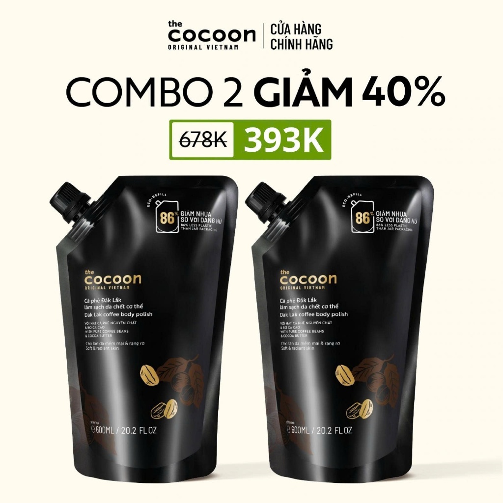[MUA 2 GIẢM 42%] Combo 2 túi Refill - Cà phê Đắk Lắk làm sạch da chết cơ thể Cocoon 600ml