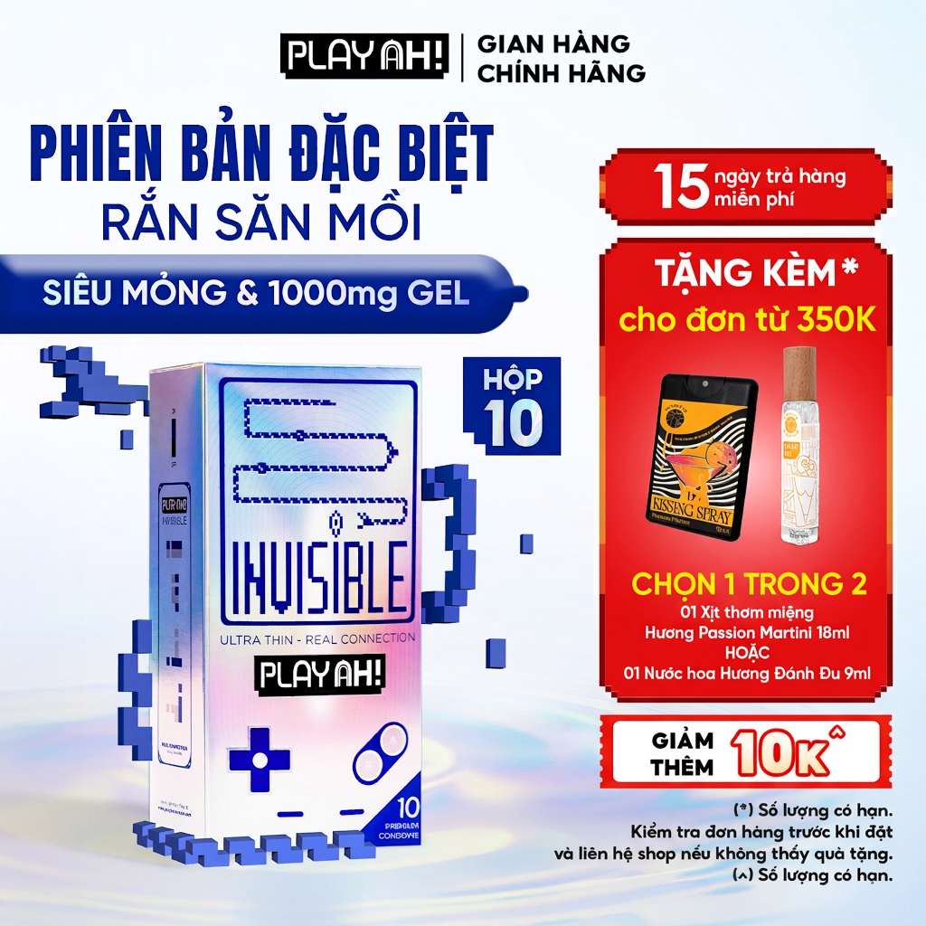 Bao Cao Su PlayAh Super Invisible Siêu Mỏng/ Nhiều Gel/ Kéo Dài Thời Gian/ Có Gai Hộp 10 size 52mm