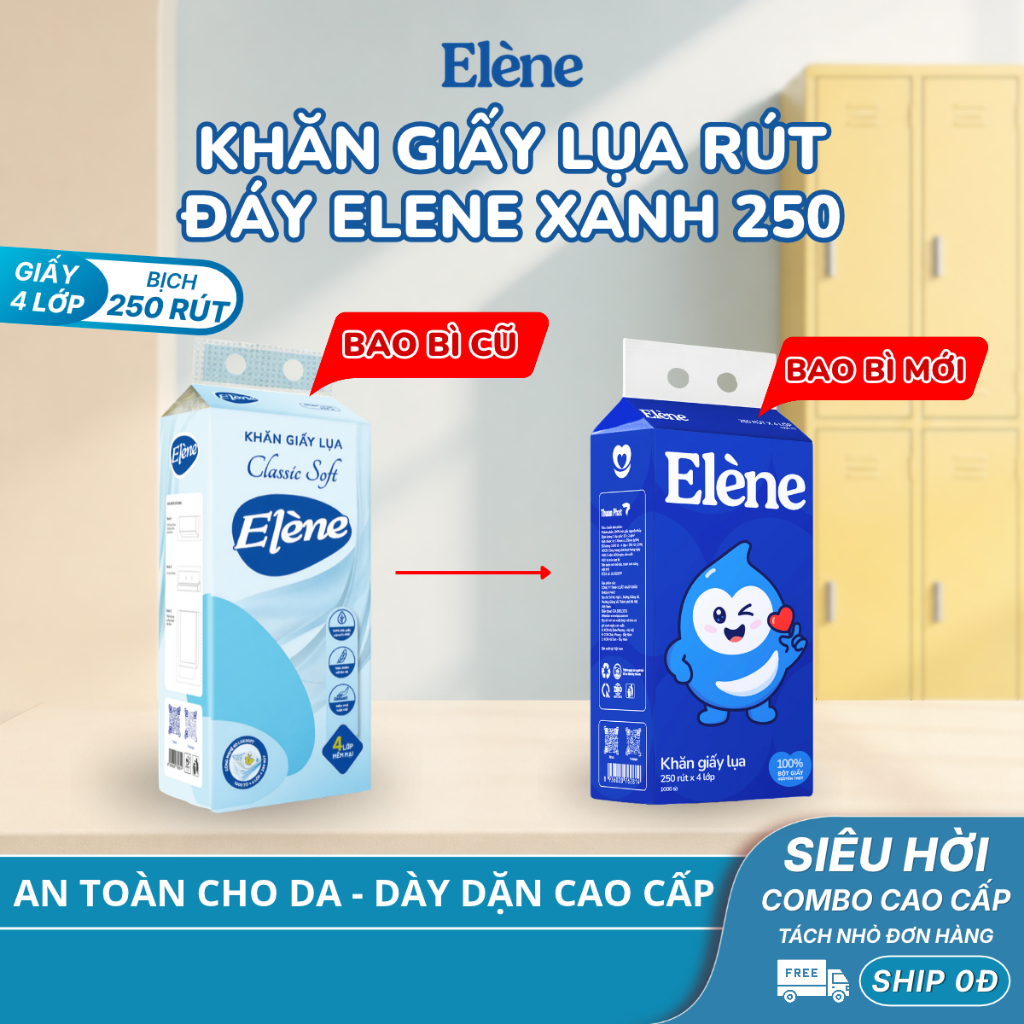 COMBO 6/10 BỊCH Khăn Giấy Lụa Rút Đáy Elene 250 Lần Rút 4 Lớp Mềm Mịn, Tiện Lợi, An Toàn (Giấy rút cỡ nhỏ)