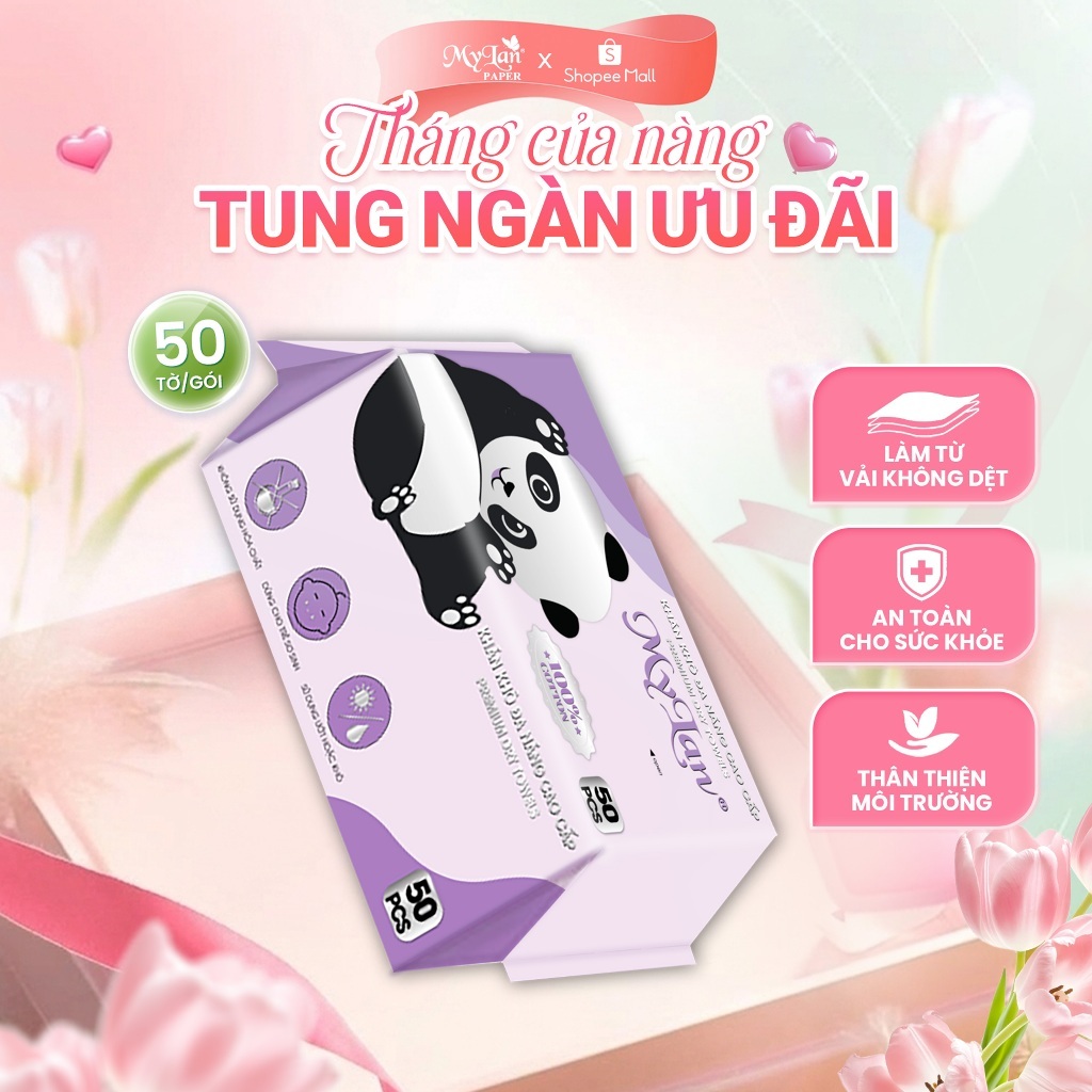 Khăn Cotton MyLan Gấu Trúc Tím Đa Năng (50 Tờ) (160x200mm)