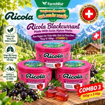 (Combo 3) Kẹo Ngậm Ho Ricola Blackcurrant 100g Hộp Thiếc - Vị Lý Chua, Thảo Mộc Giảm Ho Thụy Sĩ