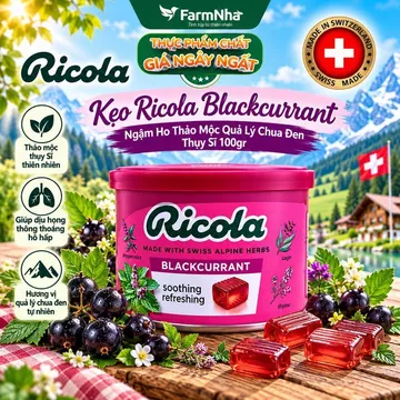 Kẹo Ngậm Ho Ricola Blackcurrant 100g Hộp Thiếc - Vị Lý Chua, Thảo Mộc Giảm Ho Thụy Sĩ