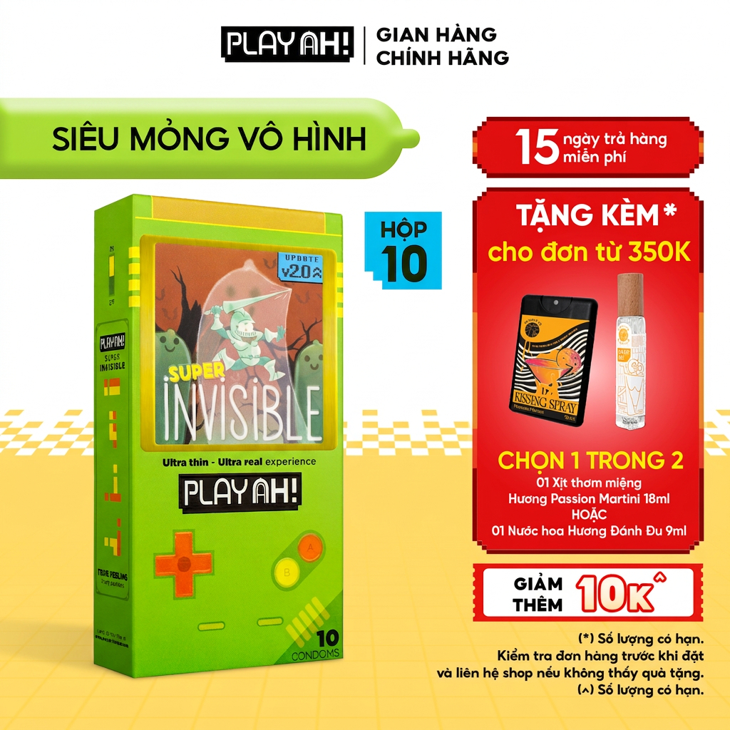 Bao Cao Su PlayAh Super Invisible Siêu Mỏng/ Nhiều Gel/ Kéo Dài Thời Gian/ Có Gai Hộp 10 size 52mm