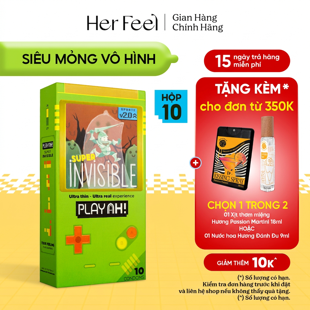 Bao Cao Su PlayAh Super Invisible Siêu Mỏng/ Nhiều Gel/ Kéo Dài Thời Gian/ Có Gai Hộp 10 size 52mm