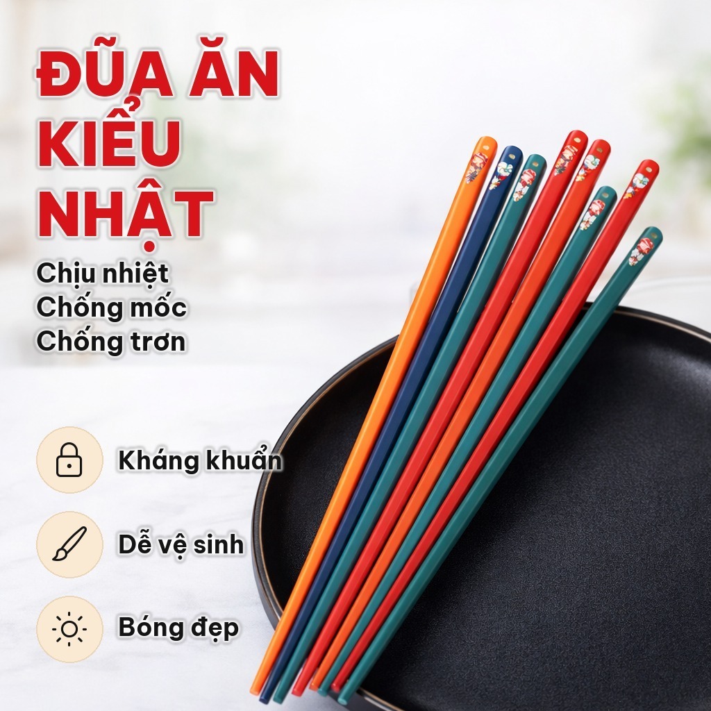 Set 5 đôi Đũa Ăn In Hình Gia Đình Kiểu Nhật Bản, Đũa Ăn Cơm Sợi Thủy Tinh Chịu Nhiệt, Kháng Khuẩn Chống Trượt