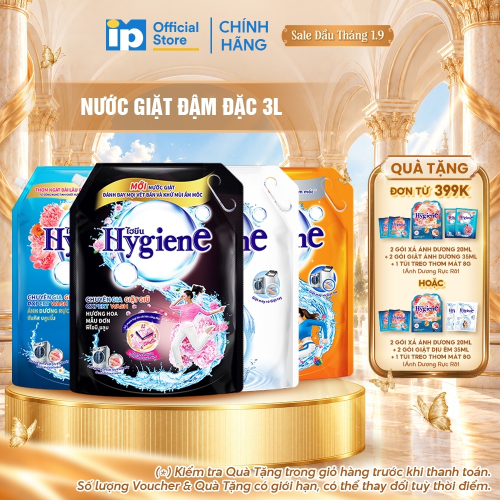 Nước Giặt Đậm Đặc Hygiene 3L (Dịu Êm/ Ánh Dương Hạnh Phúc/ Hoa Mẫu Đơn/ Ánh Dương Rực Rỡ)