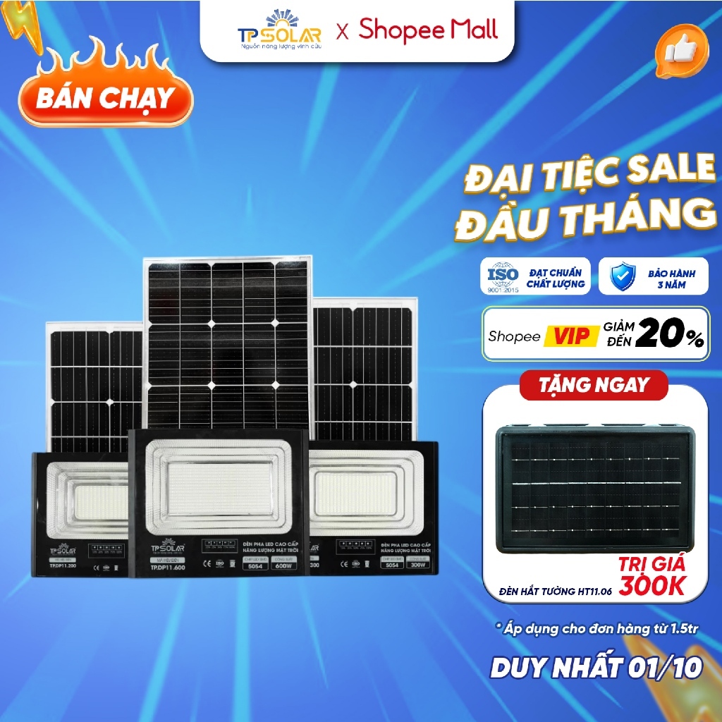 Đèn Pha Năng Lượng Mặt Trời TP SOLAR 200W, 300W, 600W Chiếu Sáng 100-300m2, Vỏ Hợp Kim Nhôm, Sáng Xuyên Đêm