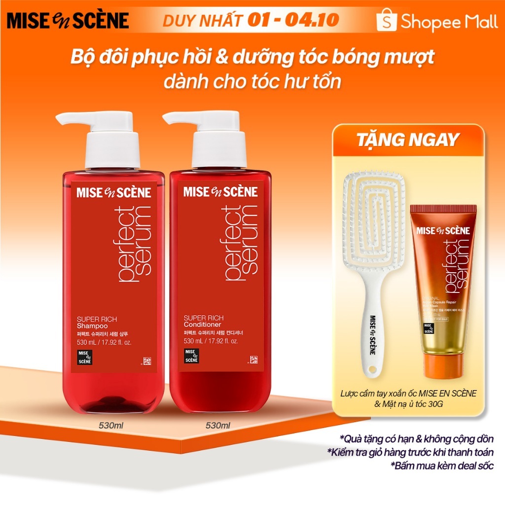 Bộ đôi Gội - Xả Mise En Scène Perfect Serum Super Rich 530ml dành cho tóc hư tổn do uốn, nhuộm
