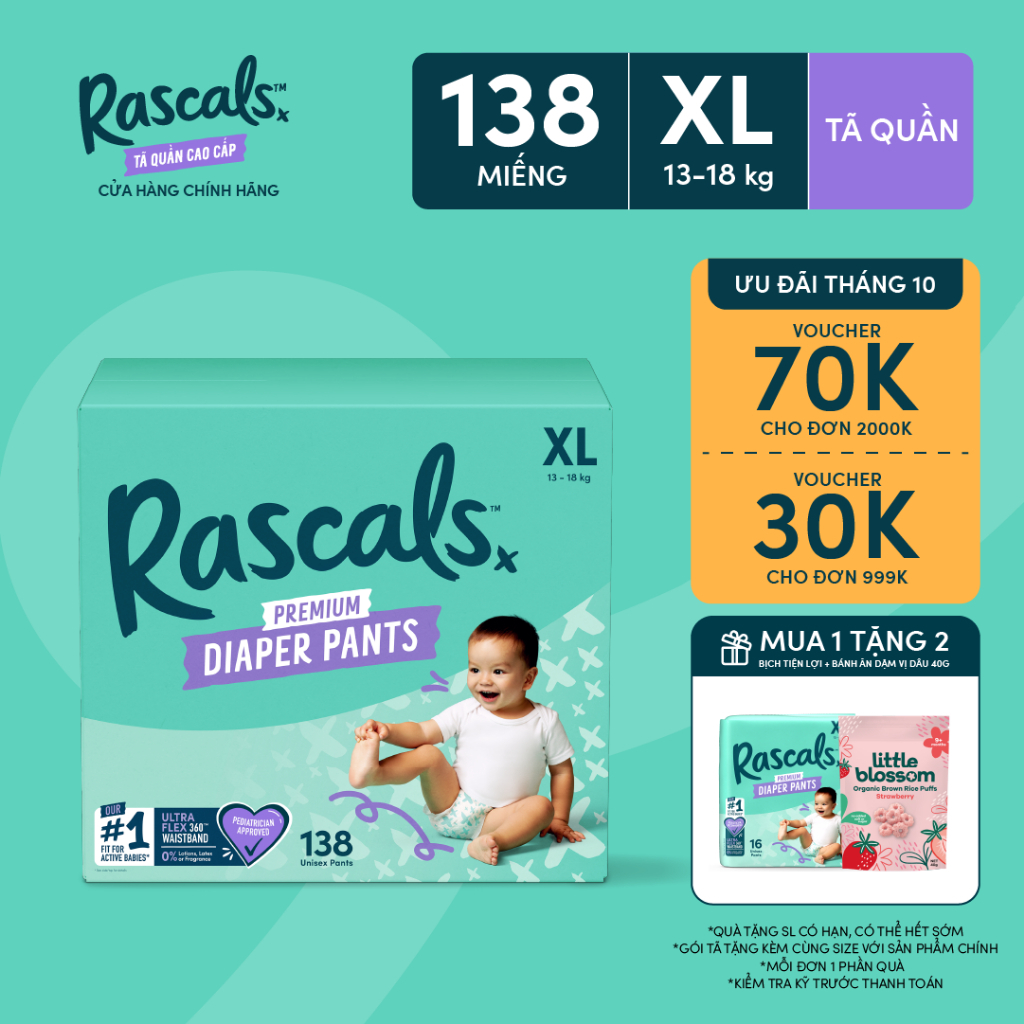 Thùng Tã/Bỉm Quần cao cấp Rascals Size XL (13-18kg) 138 miếng