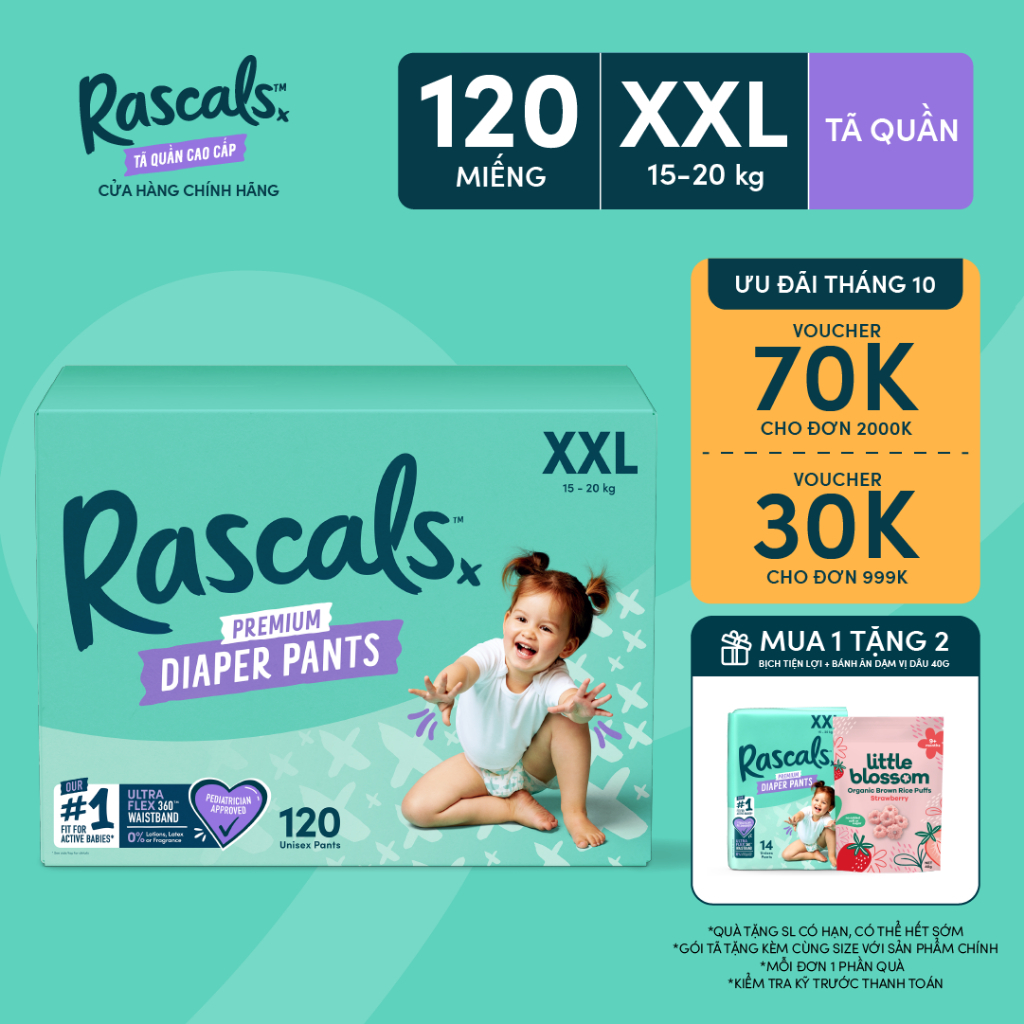 Thùng Tã/Bỉm Quần Rascals Size XXL (15-20kg) 120 miếng
