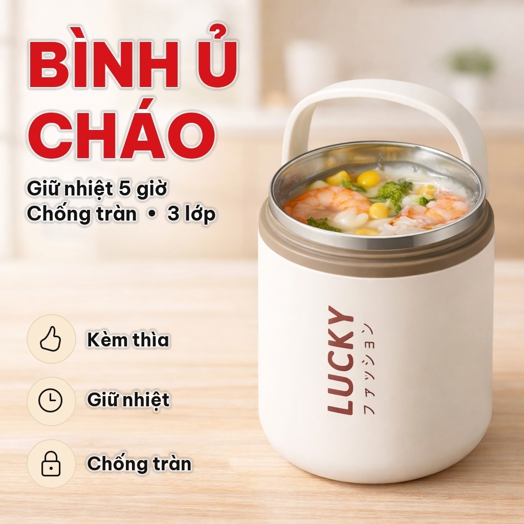 Bình Ủ Cháo Lucky 500ML Inox 304 Giữ Nhiệt 3 Lớp, Hộp Đựng Cháo Cho Bé Kèm Thìa Tiện Lợi Chống Tràn Có Quai Xách