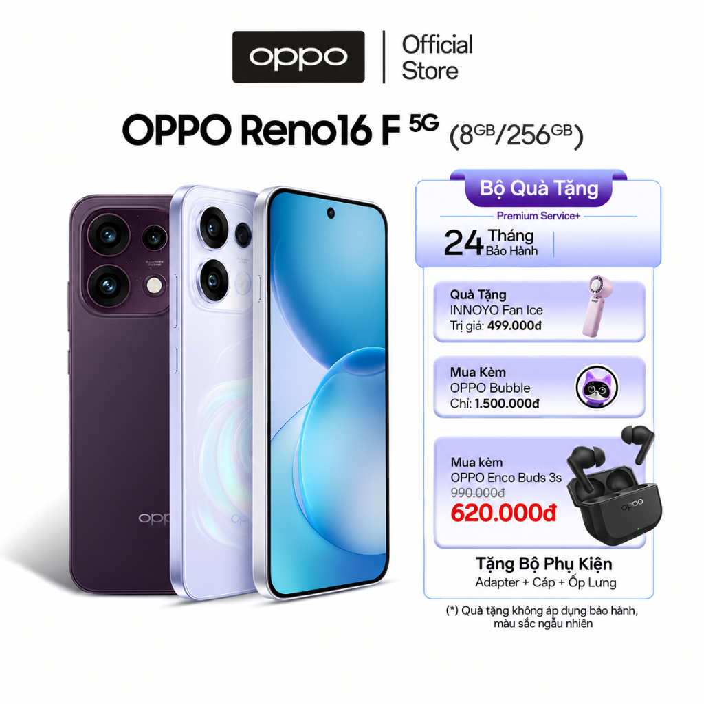 Điện thoại OPPO Reno16F 5G 8GB/256GB, siêu pin 7000mAh, camera tele, sạc nhanh 80W - Hàng chính hãng