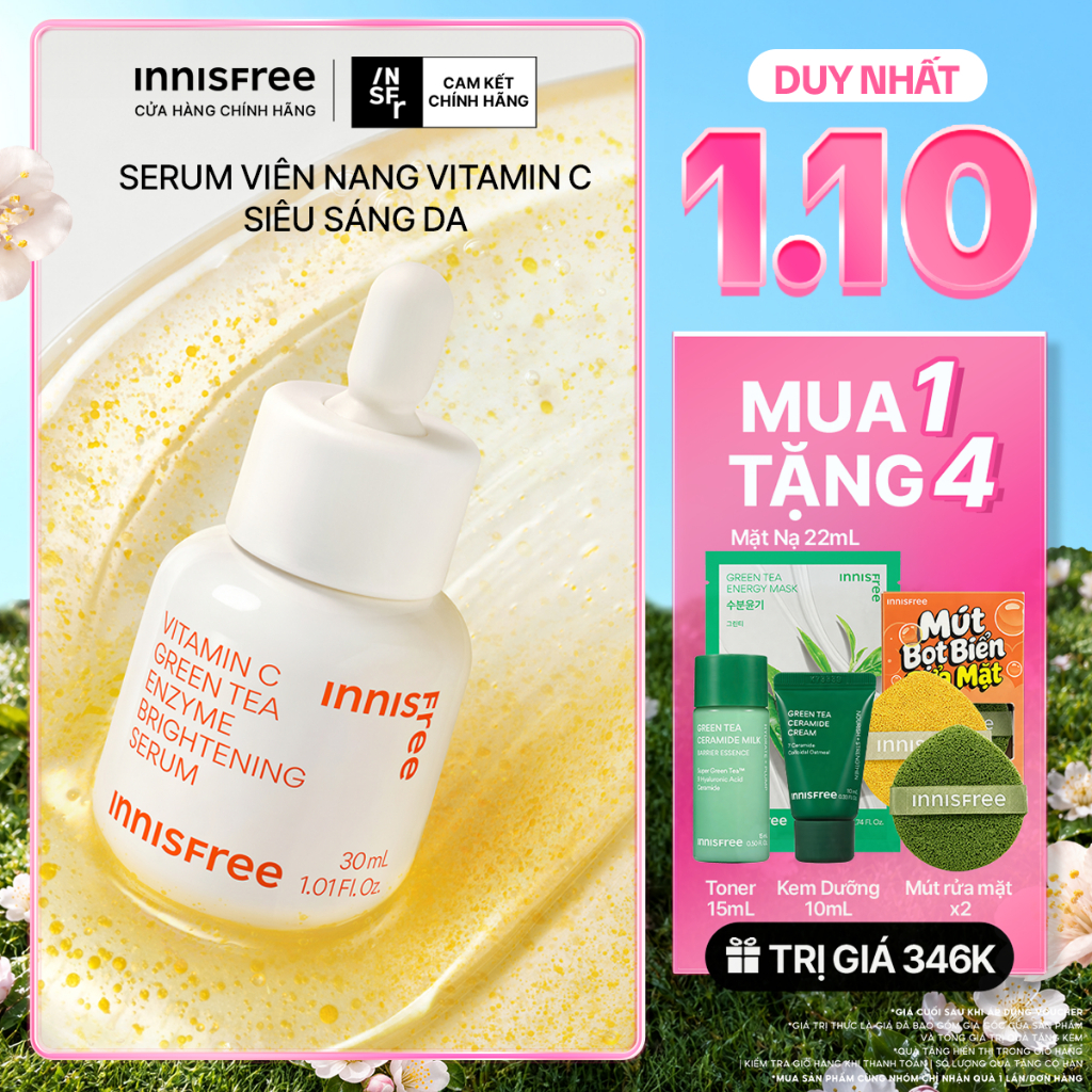 Serum Vitamin C sáng da, mờ thâm mụn INNISFREE Green Tea Enzyme Brightening Serum 30ml