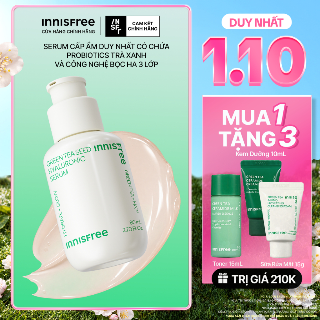 Serum trà xanh cấp ẩm sâu phục hồi da, với Probiotics INNISFREE Green Tea Seed Hyaluronic Serum 80mL
