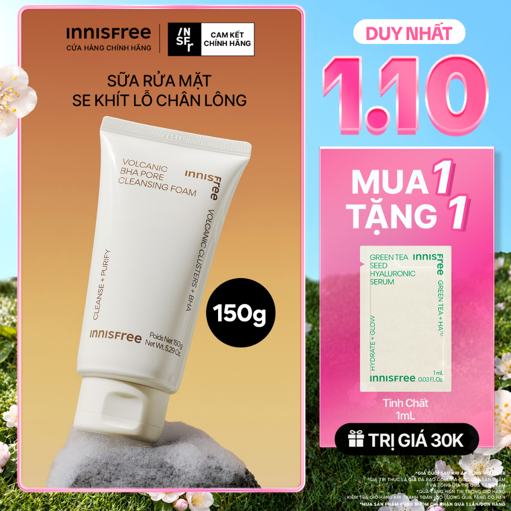 Sữa rửa mặt tro núi lửa sạch sâu se khít lỗ chân lông INNISFREE Volcanic Pore BHA Cleansing Foam 150g