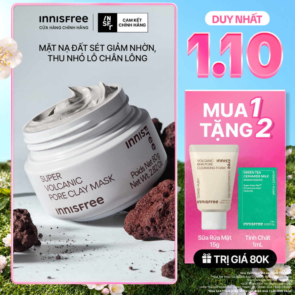 Siêu mặt nạ đất sét tro núi lửa giảm nhờn, thu nhỏ lỗ chân lông INNISFREE Super Volcanic Pore Clay Mask 80G