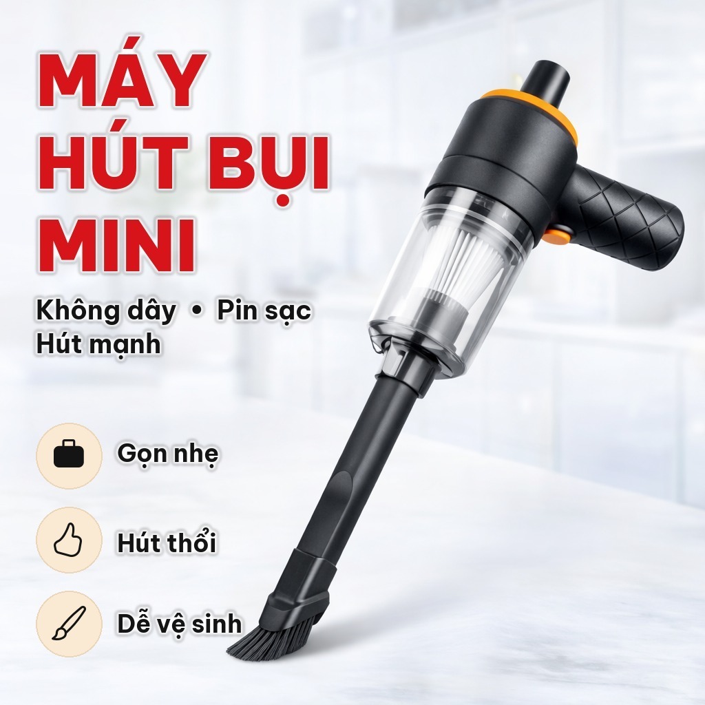 Máy Hút Bụi Mini 6000MPA 60w, Máy Hút Bụi Cầm Tay Không Dây Pin Sạc Nhỏ Gọn - Dùng Cho Ô Tô, Sofa, Bàn Phím