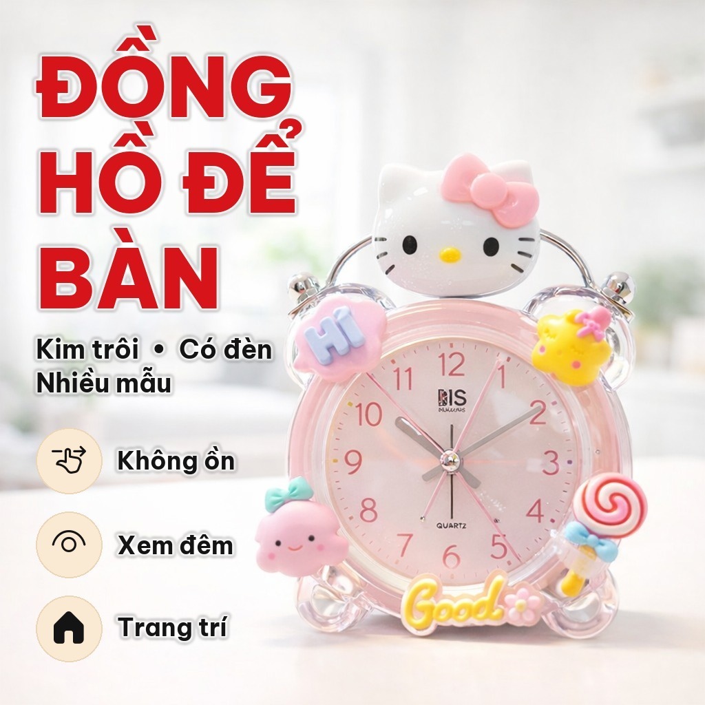 Đồng Hồ Báo Thức Mini Kim Trôi Có Đèn, Đồng Hồ Để Bàn Nhiều Mẫu Dễ Thương, Trang Trí Góc Làm Việc Cho Bé